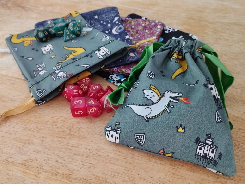 Draw string dice bag and gaming dice