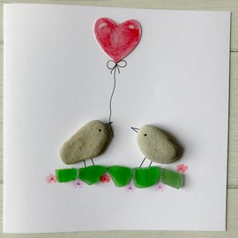 Cornwall sea glass and pebble bird design greetings card