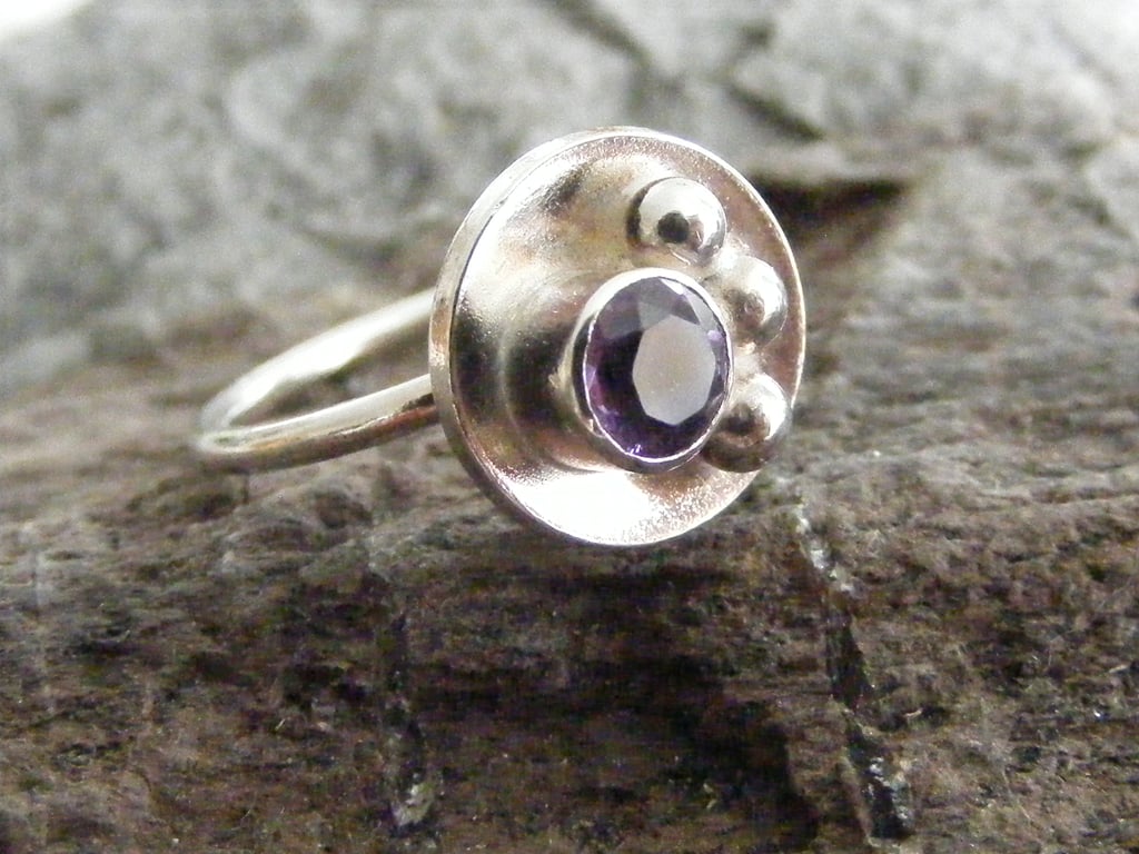 Sterling Silver and Amethyst Circle Ring - Hallmarked - February Birthday