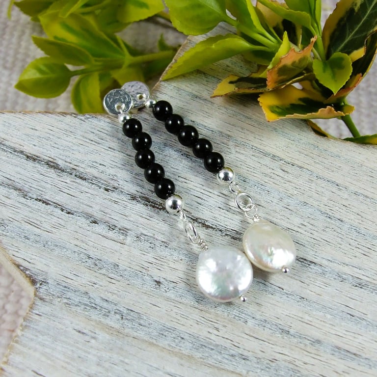 Earrings, Sterling Silver Long Droppers with Tourmaline and White Pearl