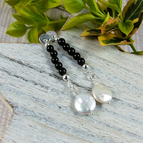 Earrings, Sterling Silver Long Droppers with Tourmaline and White Pearl