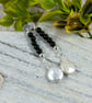Earrings, Sterling Silver Long Droppers with Tourmaline and White Pearl