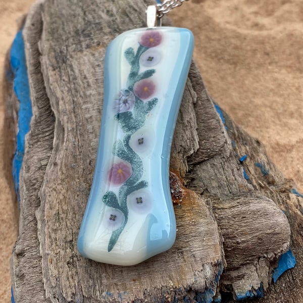 Floral vine, vintage style, fused glass bar pendant 