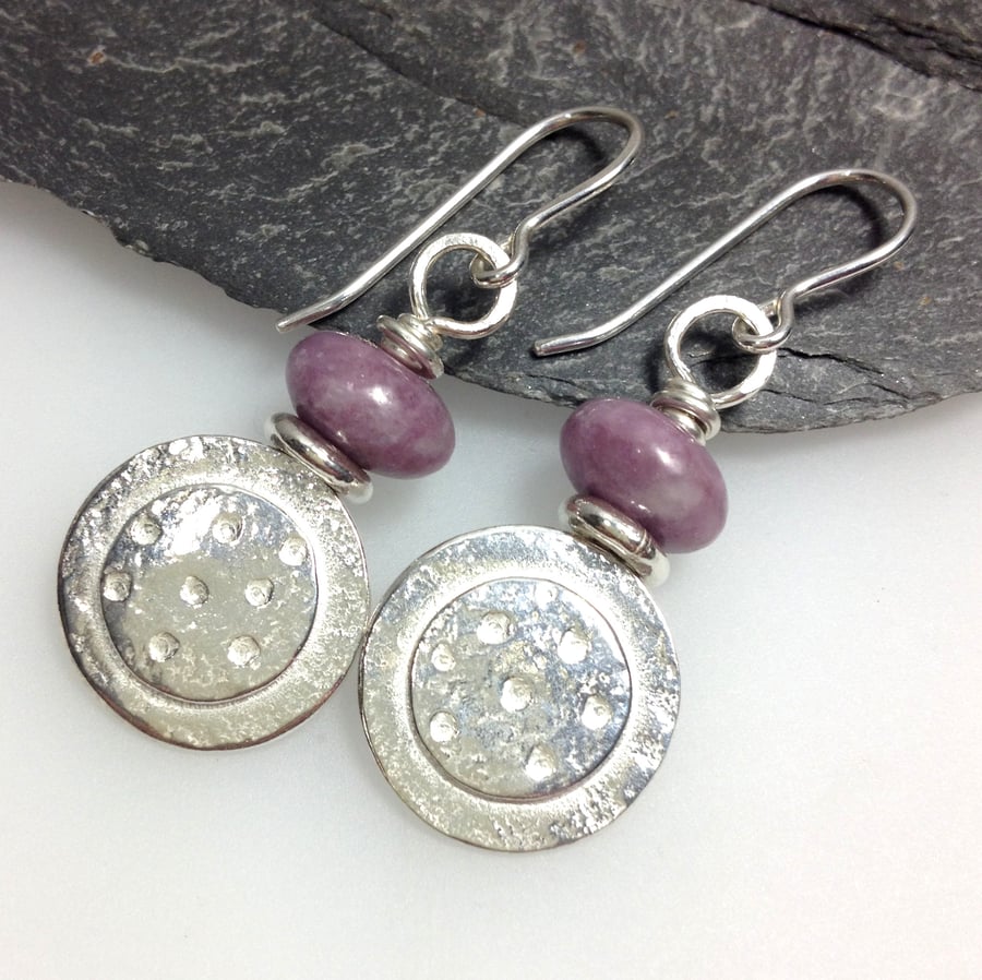 Silver Dotty Earrings with pinky purple lepidolite beads