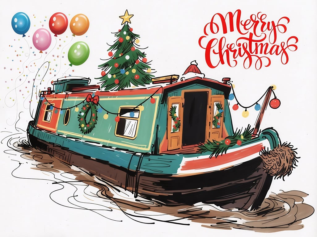 Narrow Boat in Norfolk Christmas Greeting Card A5