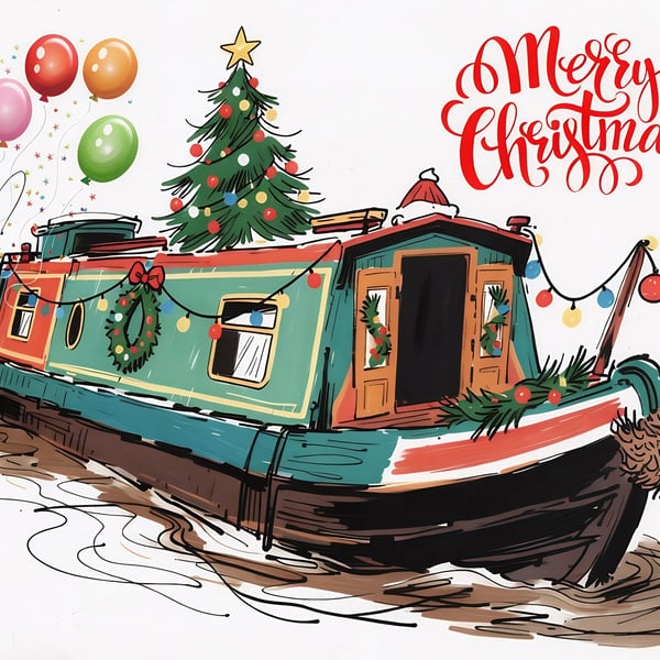 Narrow Boat in Norfolk Christmas Greeting Card A5