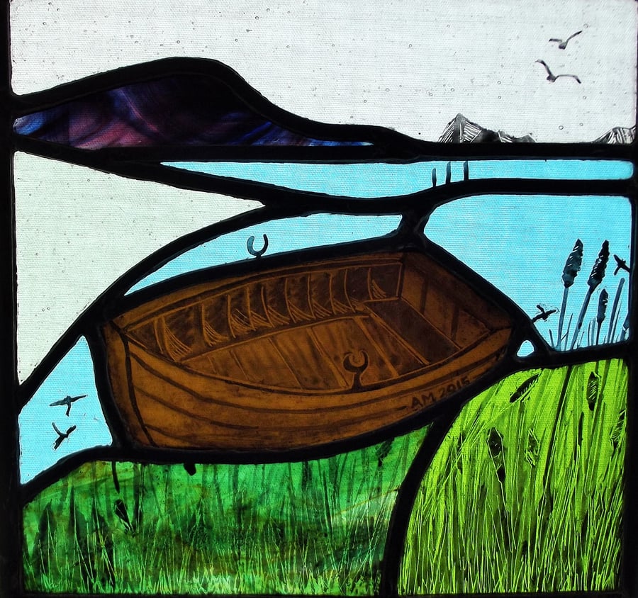 Contemporary Stained Glass Panel - Boat moored in the reeds