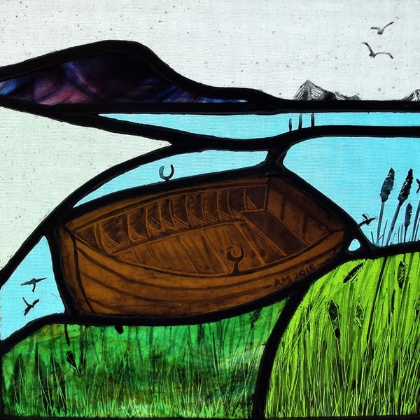Contemporary Stained Glass Panel - Boat moored in the reeds