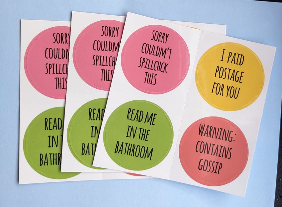 20 Pink, Coral, Yellow, Green Funny Envelope Stickers, Christmas Card Seals