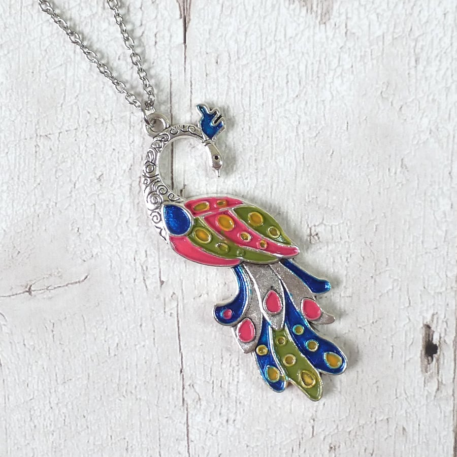 Hot pink, blue and green peacock pendant necklace, handpainted jewellery