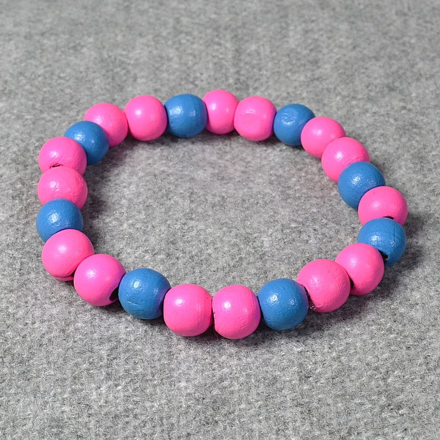 Pink and Blue Round Wooden Bead Elastic Bracelet
