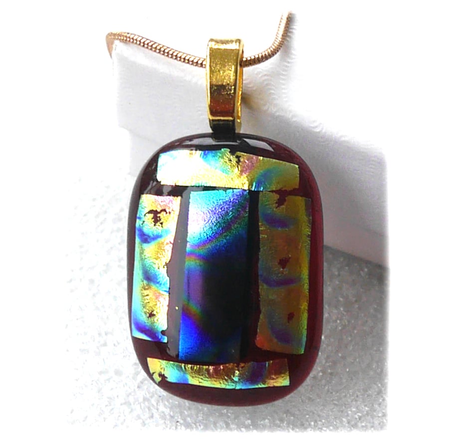 Plum Patchwork Dichroic Glass Pendant 203 gold plated chain