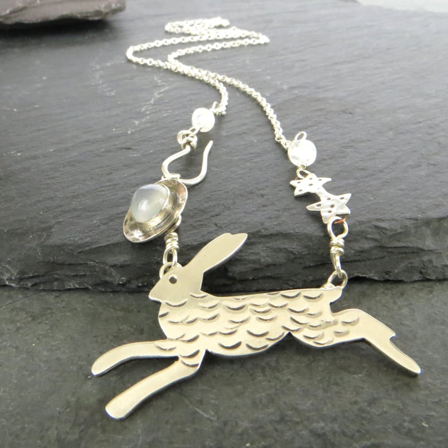 Silver Hare Necklace, Moonstone Hare Pendant, Moon and Stars, Hallmarked