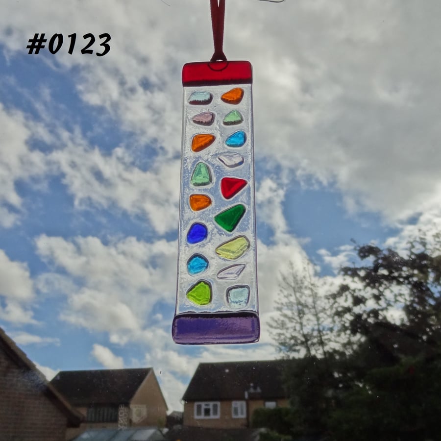 Rainbow mosaic patterned handcrafted fused glass suncatcher, 12x3cm (0123)
