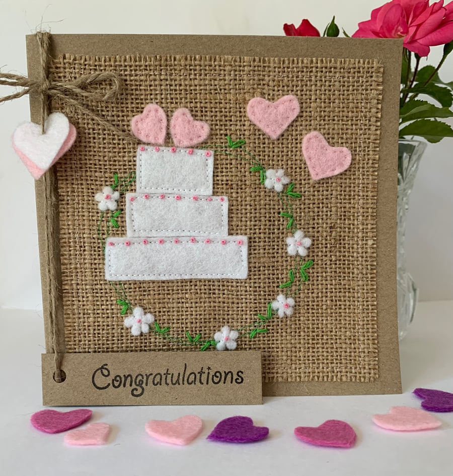Handmade Wedding Card. Wedding cake and hearts. Keepsake card.