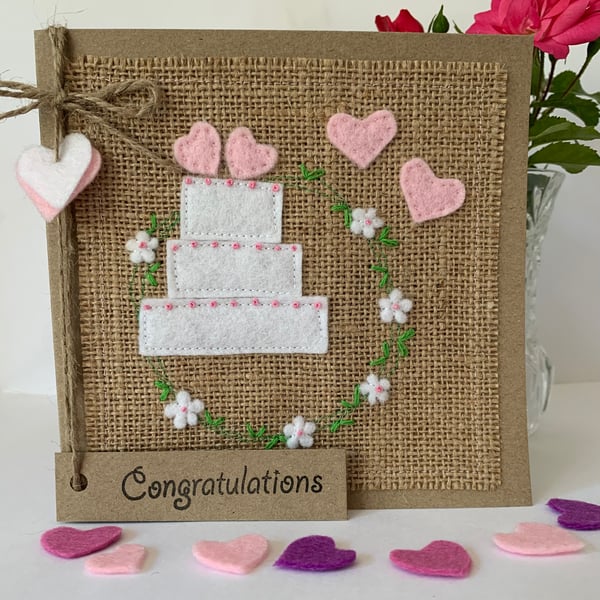 Handmade Wedding Card. Wedding cake and hearts. Keepsake card.