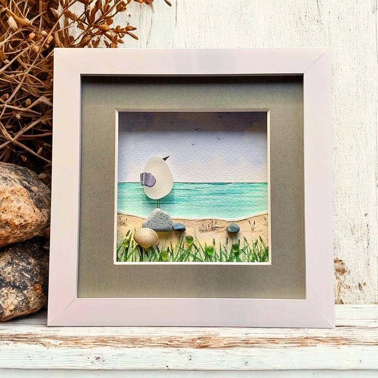Sea Glass Seagull Desk Art - Original Watercolour with Beach Finds