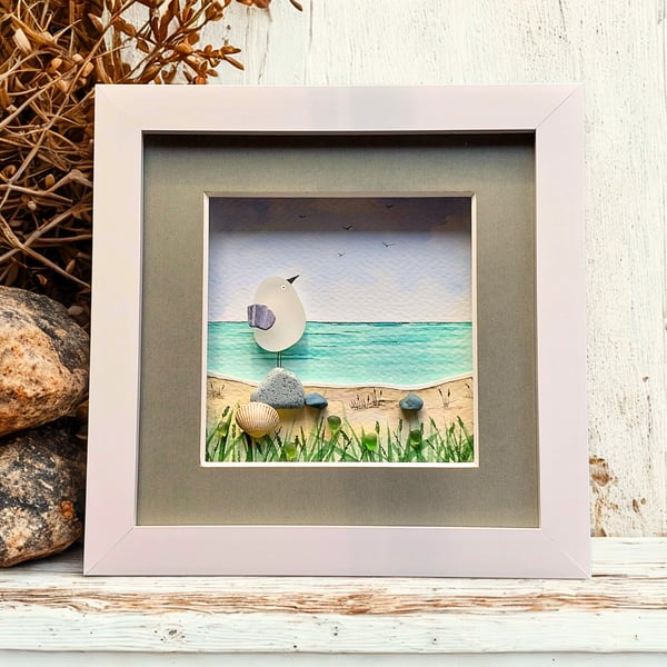 Sea Glass Seagull Desk Art - Original Watercolour with Beach Finds