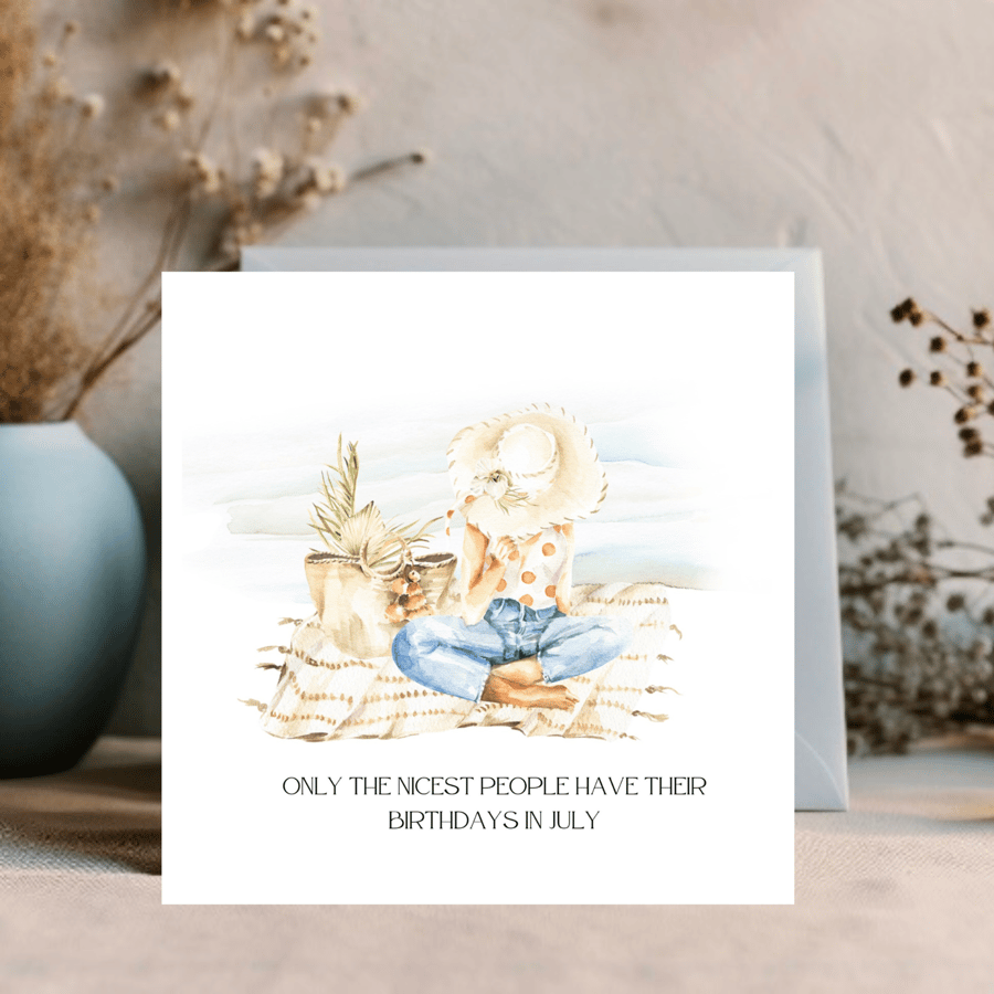 July Watercolour print greetings card for an July Birthday