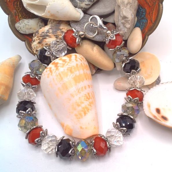 Red Black and Clear Crystal Bracelet with Silver Plated Bead Caps, Gift for Her