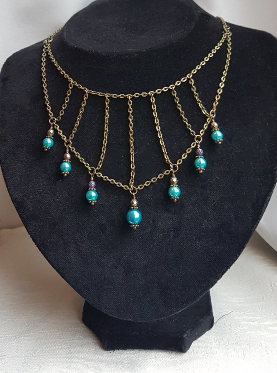 Beautiful Dark Tone Double Chain Choker Necklace with Turquoise Beads