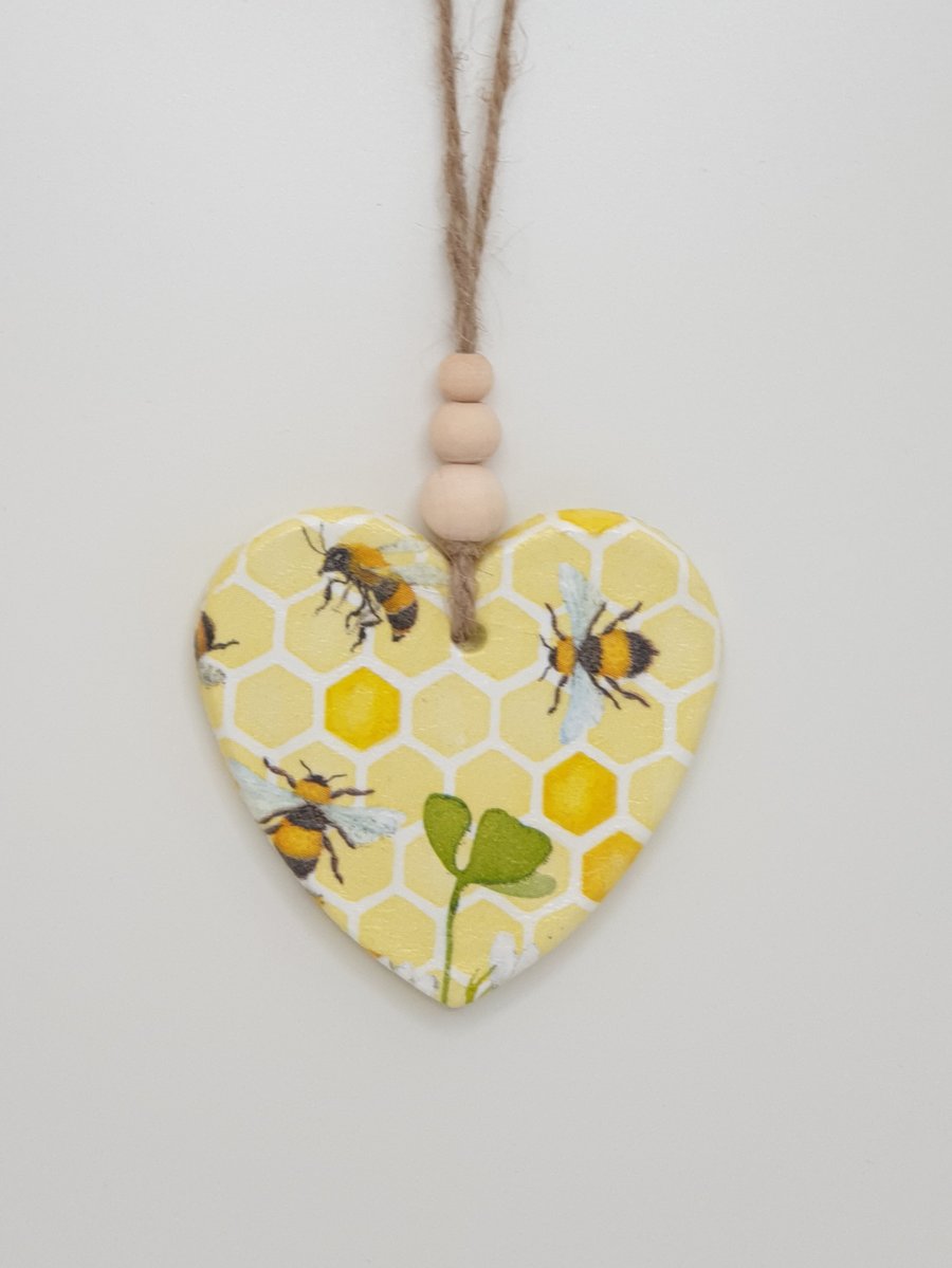 Bees hanging decoration, clay heart, gift for a bee lover 
