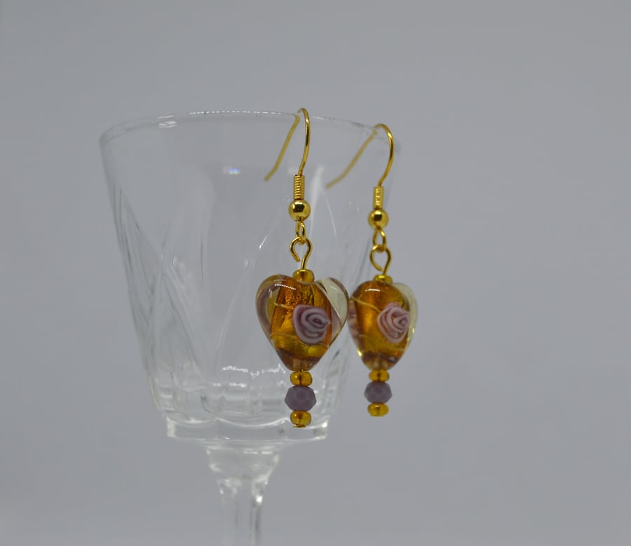 Murano Style Heart Shaped Glass Earrings in Autumn Shades