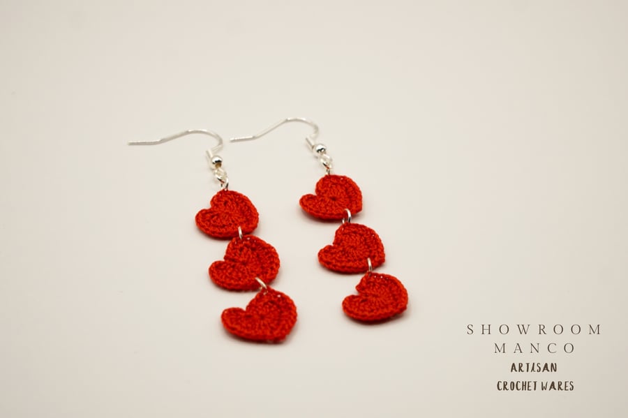 Red love heart drop earrings with silver hook, gift