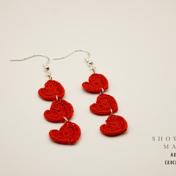 Red love heart drop earrings with silver hook, gift