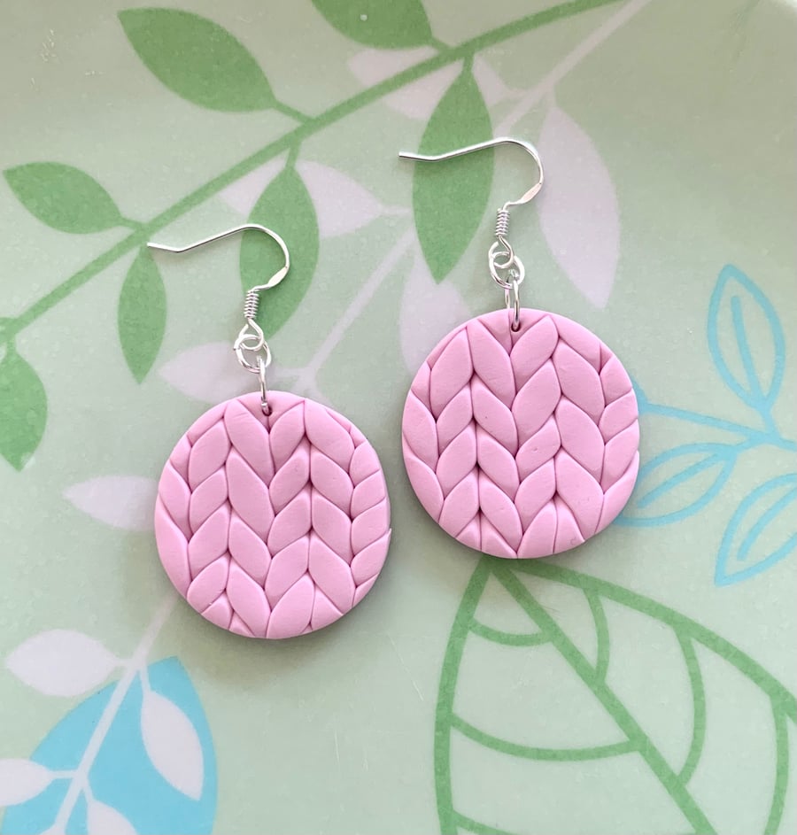 Unique pink knitted style polymer clay lightweight dangle earrings 