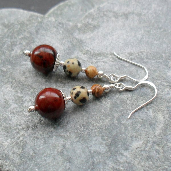 Jasper and Obsidian Sterling Silver Drop Earrings