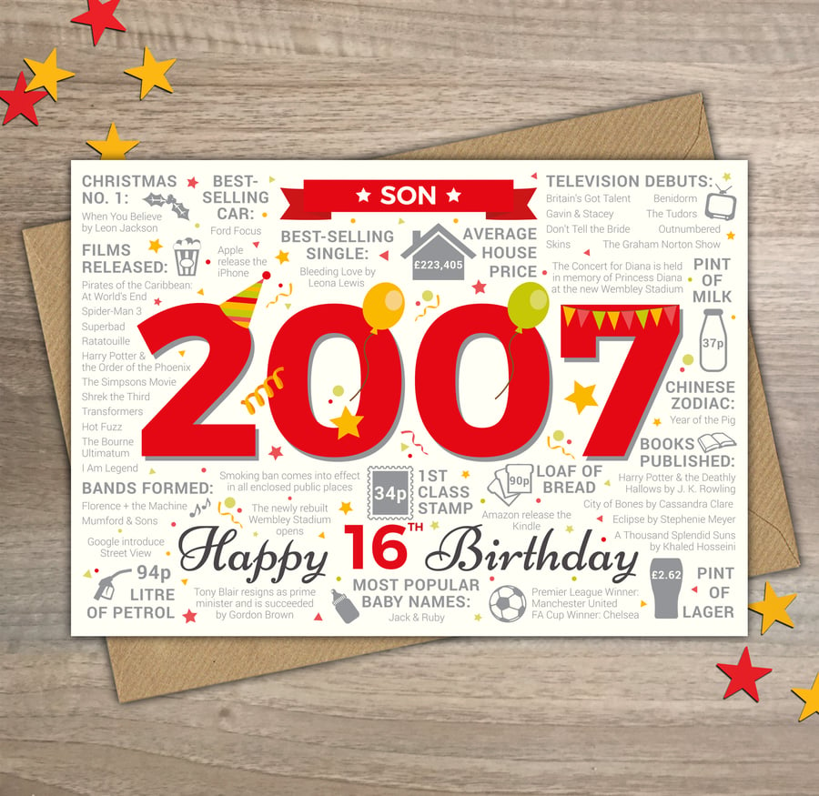 Happy 16th Birthday SON Greetings Card - Born In 2007 Year of Birth Facts