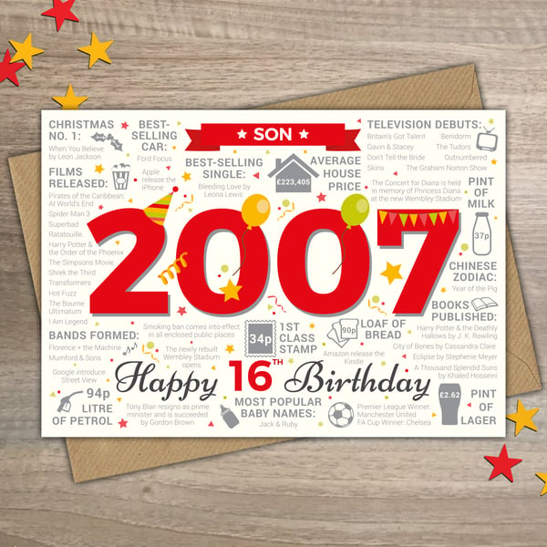 Happy 16th Birthday SON Greetings Card - Born In 2007 Year of Birth Facts