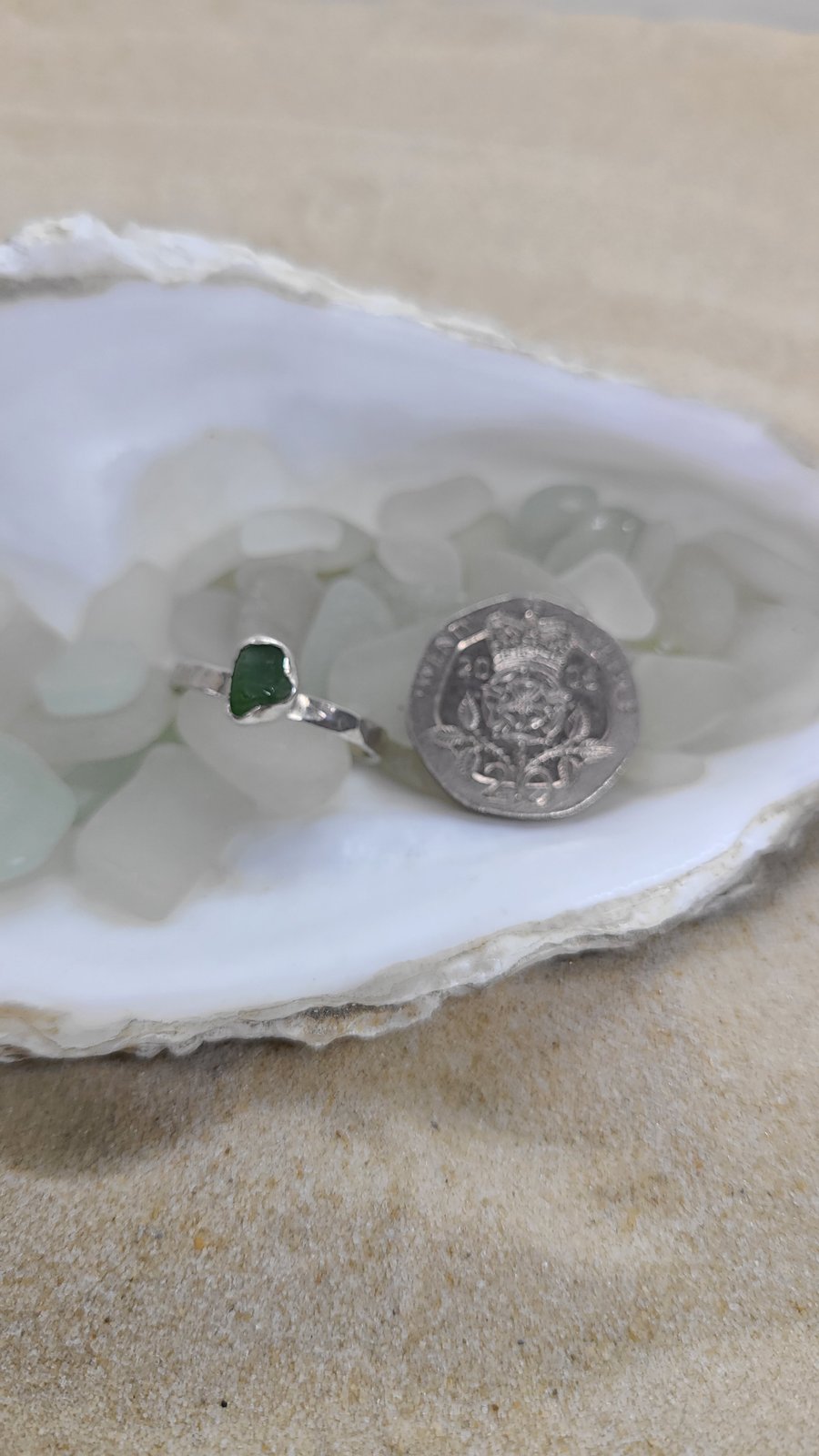 Green sea glass and silver hammered ring gift for her SG29