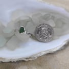 Green sea glass and silver hammered ring gift for her SG29