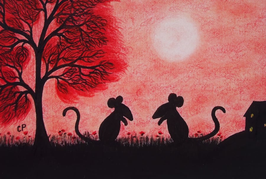 Mouse Card, Children Card, Two Mice Silhouette Card, Christmas Card, Kids Art