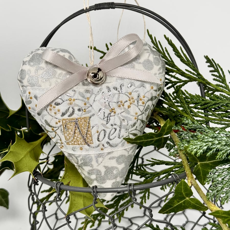 SILVER MISTLETOE HEART DECORATION - Liberty fabric