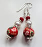 Floral Polymer Clay Beads, Red Coral & Shell Pearl Silver Plate Earrings - Image 2