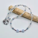 Mixed Gemstone Beaded Necklace, Blue Lace Agate Hearts, Valentine, Birthday Gift