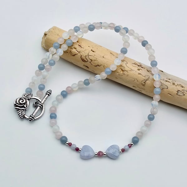 Mixed Gemstone Beaded Necklace, Blue Lace Agate Hearts, Valentine, Birthday Gift