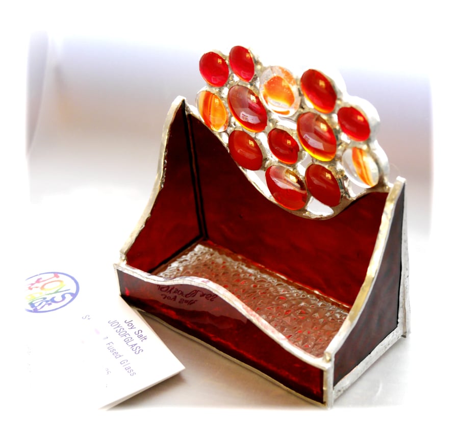 Business Card Holder Handmade Stained Glass Red 012
