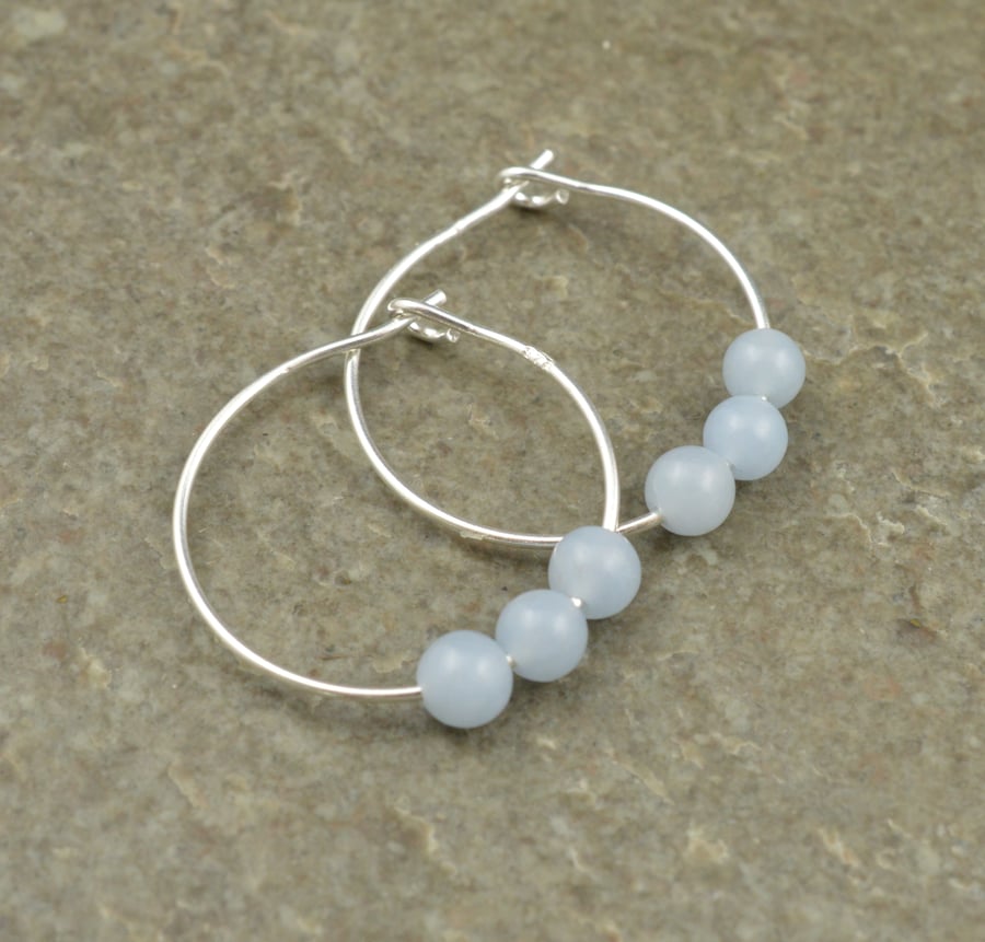 Boho 4mm Pale Blue Angelite Gemstone & 20mm Sterling Silver Hoop Earrings