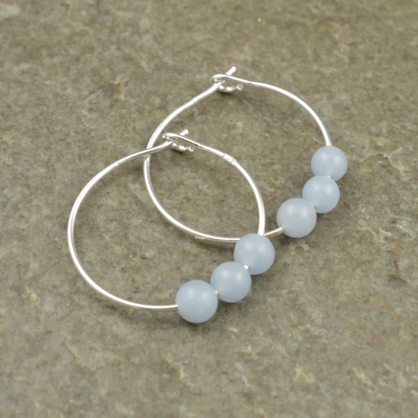 Boho 4mm Pale Blue Angelite Gemstone & 20mm Sterling Silver Hoop Earrings