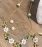 Artisan Pearl Flower Jewelry Set, Gold Green Woven Bracelet, Drop Earrings - Image 4