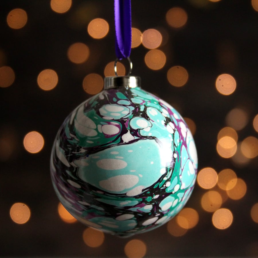 Pink and turquoise marbled Christmas bauble second