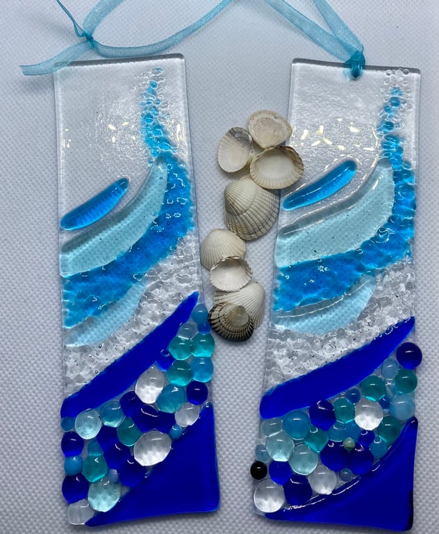 Fused glass blue wave light-catcher 