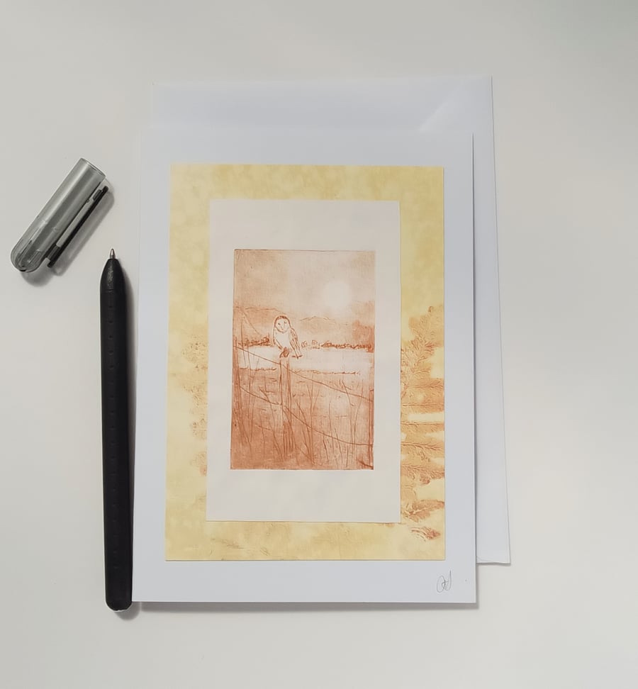 Handmade blank card owl drypoint 