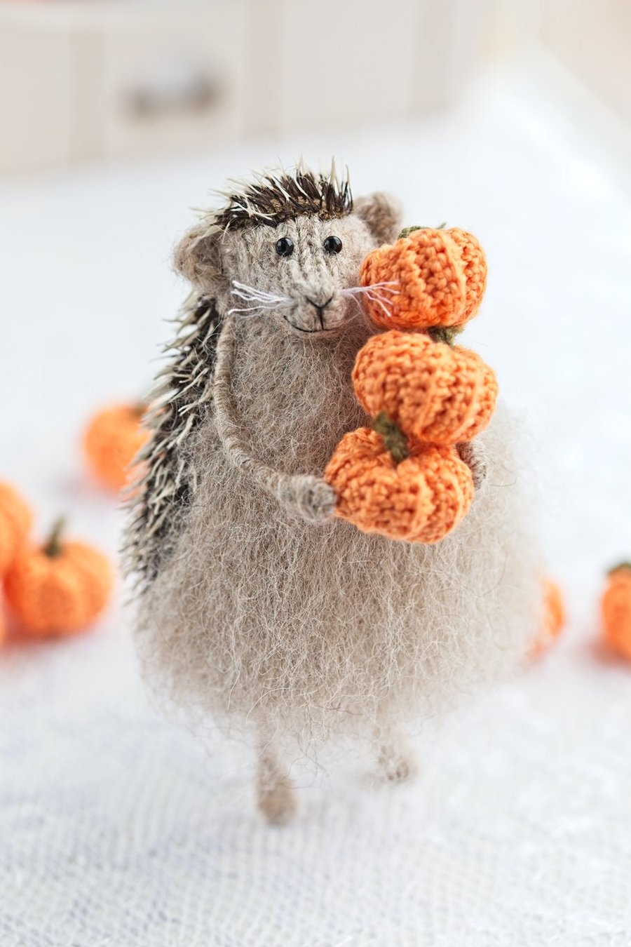 Hedgehog with a miniature pumpkin, Autumn home decoration