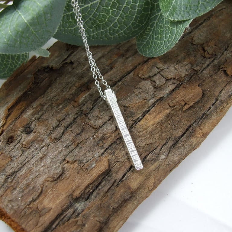 Silver Bar Necklace with Line Texture
