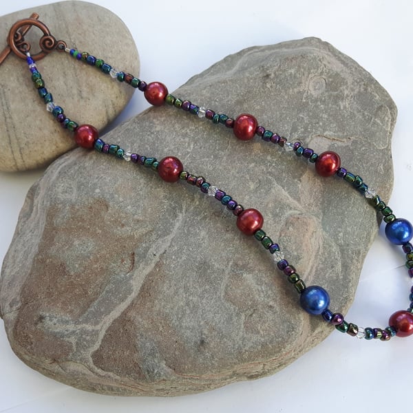 Multicoloured Rainbow Haematite and Pearl Necklace with Swarovski crystal